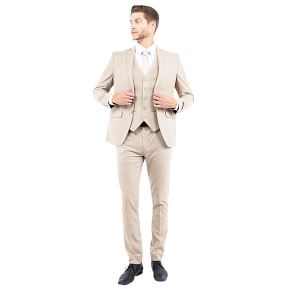 NEW 4-Way Stretch 3-Piece Men's Suit, Tan - Picture 7 of 9